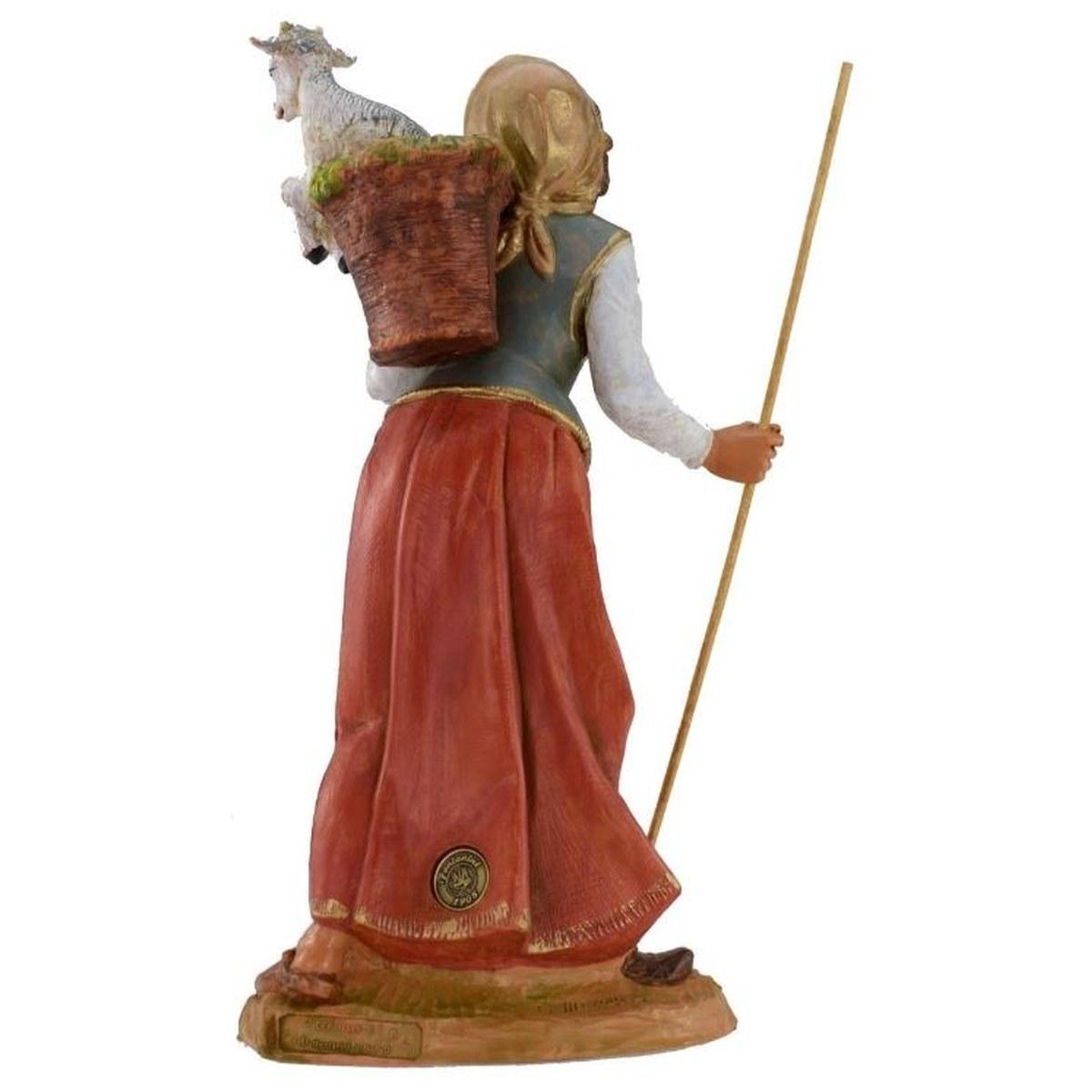 Statua presepe 30 cm pastorella con agnello nella gerla