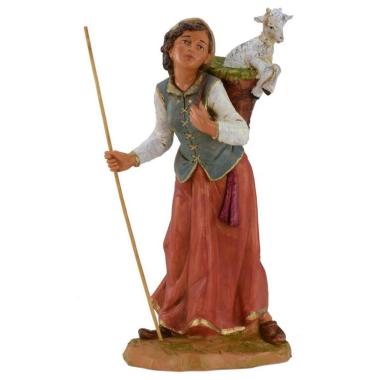 Statua presepe 30 cm pastorella con agnello nella gerla