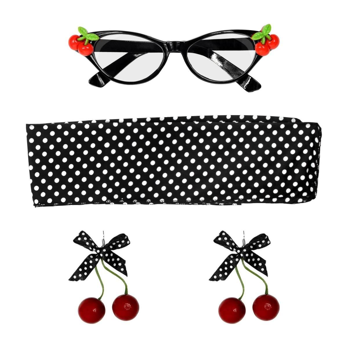Anni '50 Cherry Con Occhiali Foulard E Orecchini |Widmann