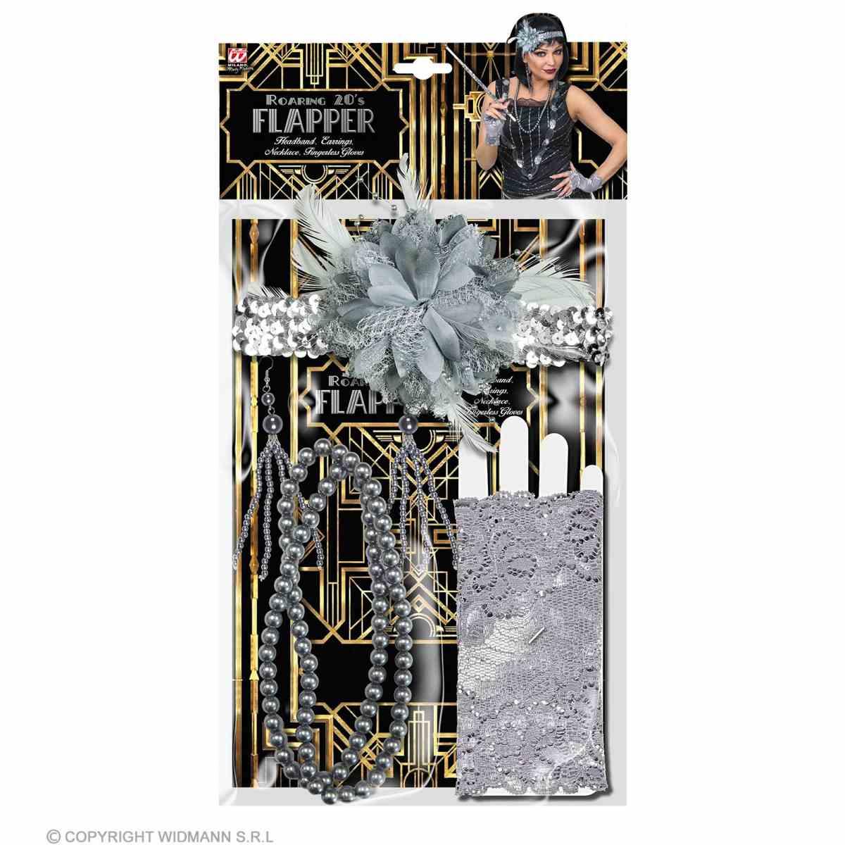 Charleston Con Fascia Collana Orecchini Guanti Set pz.4 |Widmann