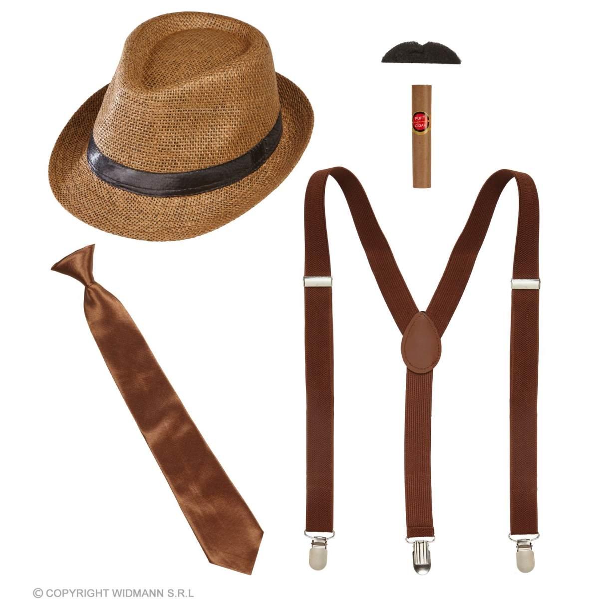 Anni '20 Con Cappello Bretelle Cravatta Baffi E Sigaro Set pz.5 |Widmann