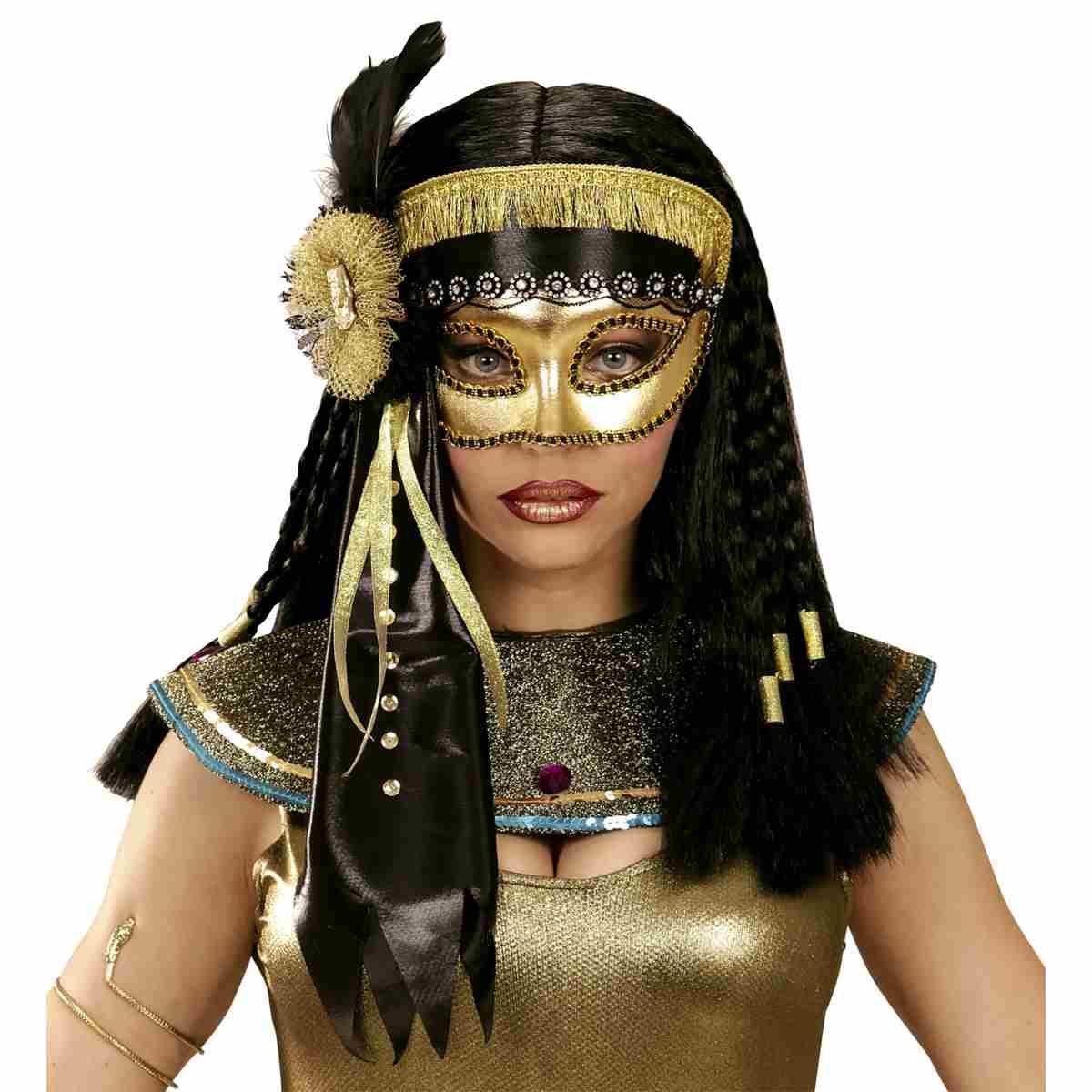 Maschera Viso Pvc Oro Con Piume E Nastri Neri |Widmann