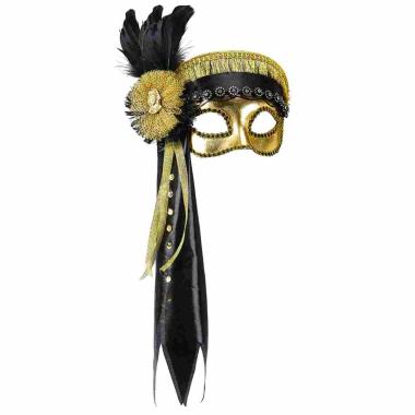 Maschera Viso Pvc Oro Con Piume E Nastri Neri |Widmann