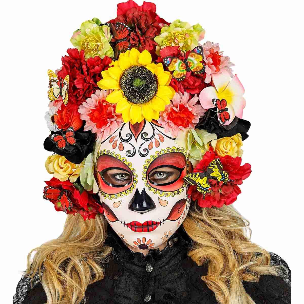 Maschera Viso Pvc Horror Dia De Los Muertos Con Fiori |Widmann