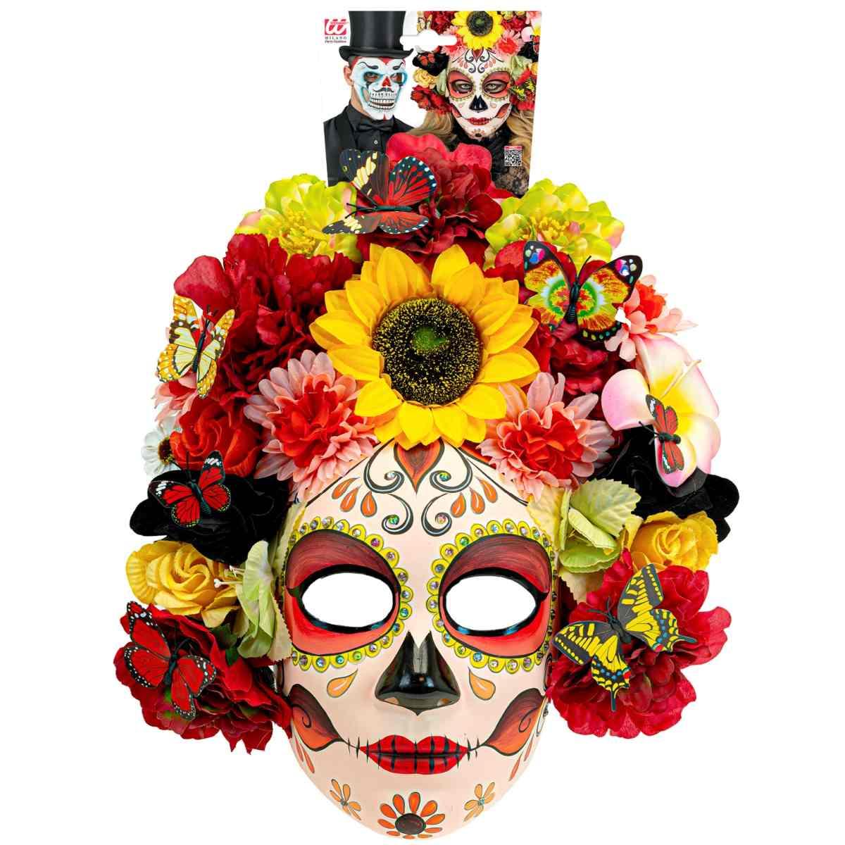 Maschera Viso Pvc Horror Dia De Los Muertos Con Fiori |Widmann