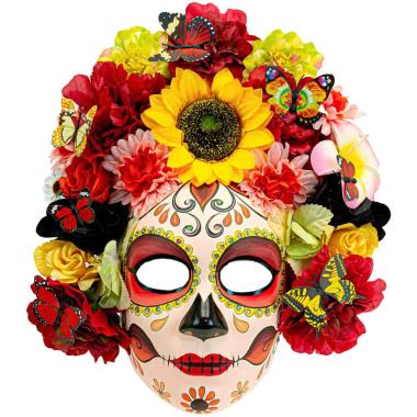 Maschera Viso Pvc Horror Dia De Los Muertos Con Fiori |Widmann