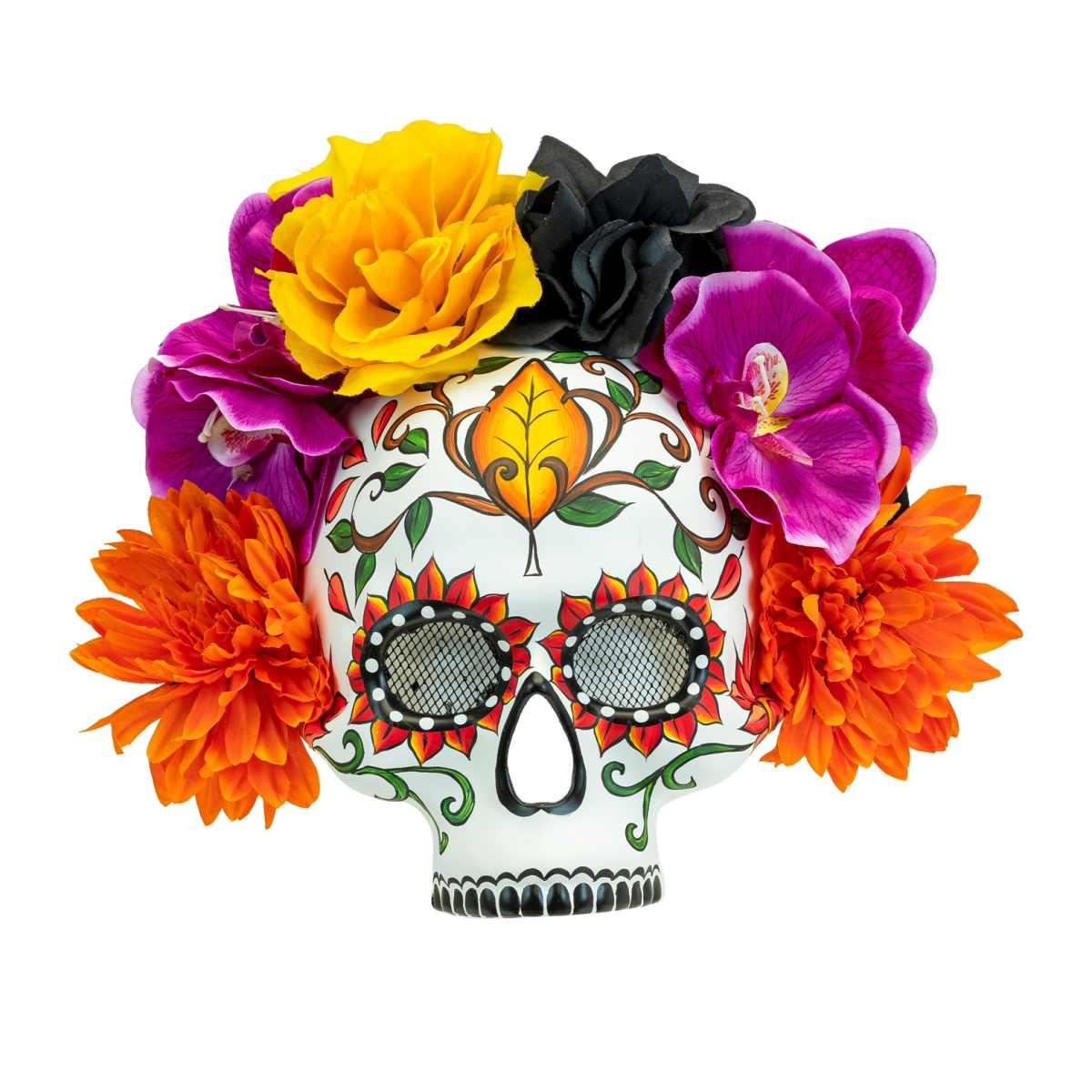 Maschera Viso Pvc Horror Dia De Los Muertos Con Fiori Mezzo Viso |Widmann