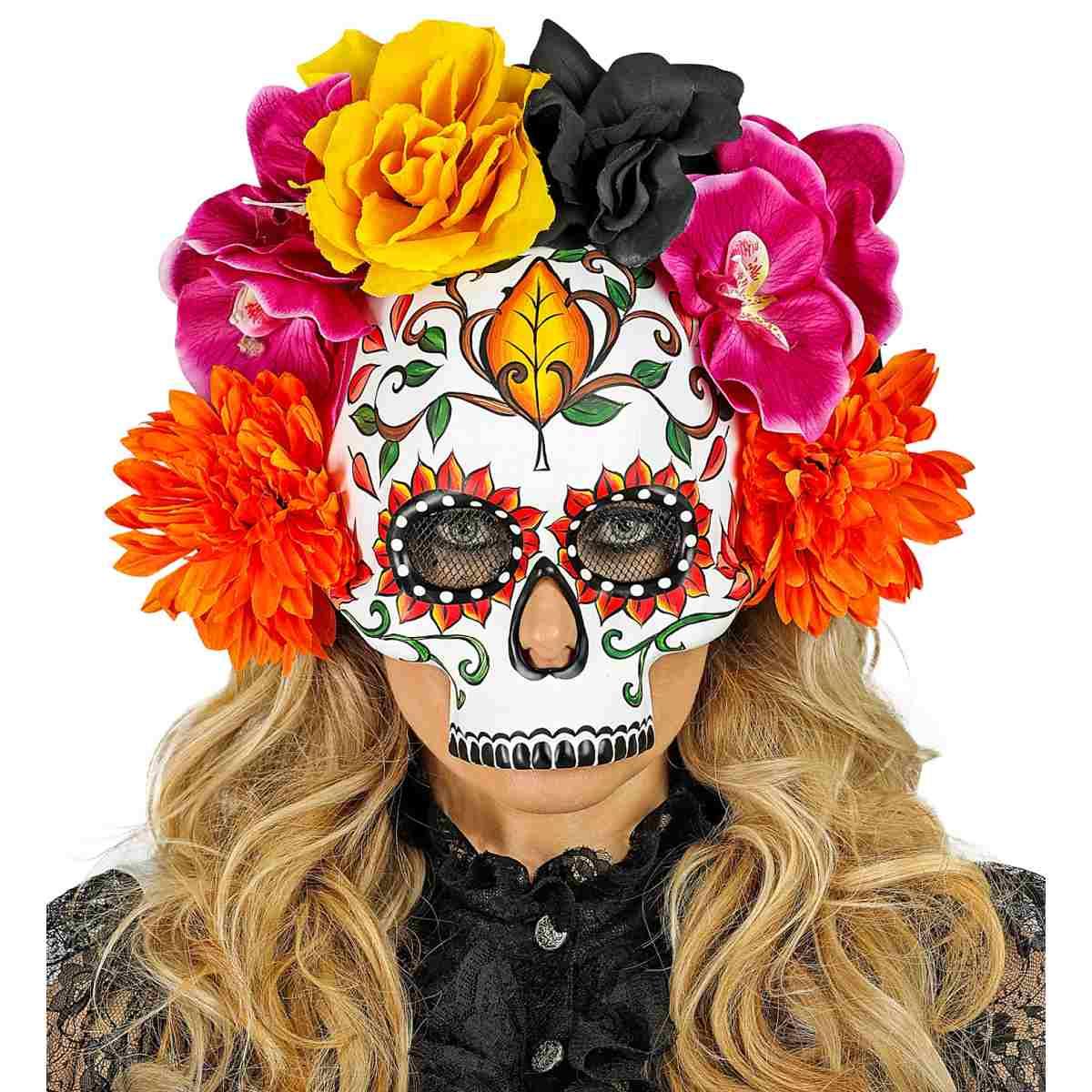 Maschera Viso Pvc Horror Dia De Los Muertos Con Fiori Mezzo Viso |Widmann