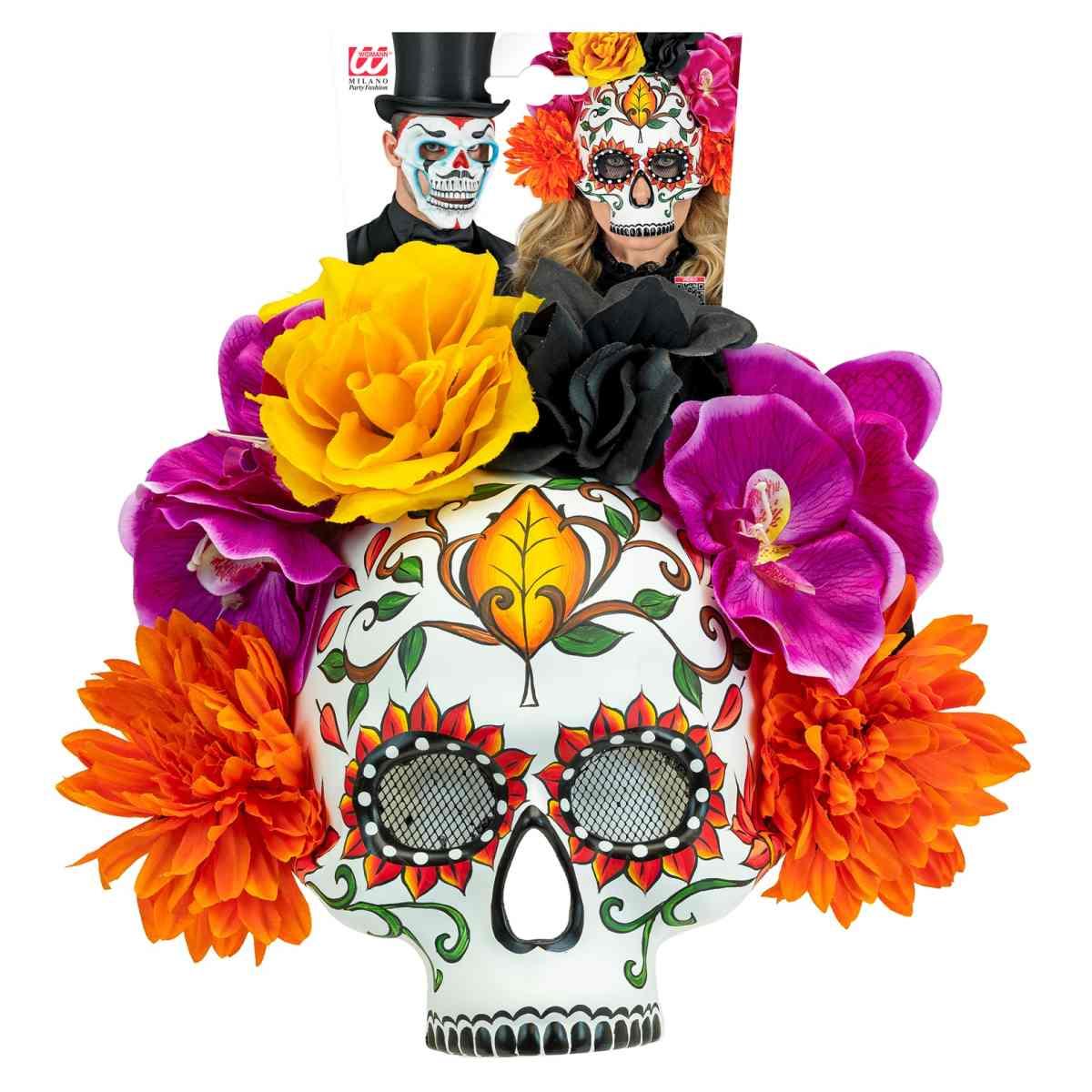 Maschera Viso Pvc Horror Dia De Los Muertos Con Fiori Mezzo Viso |Widmann