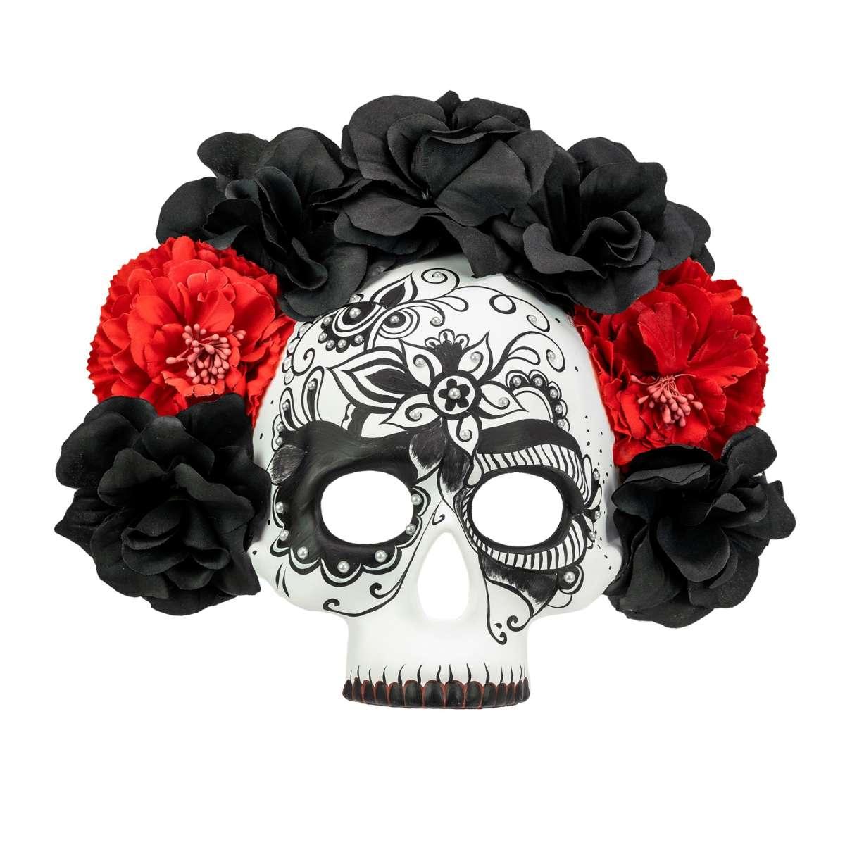 Maschera Viso Pvc Horror Dia De Los Muertos Con Fiori Mezzo Viso |Widmann