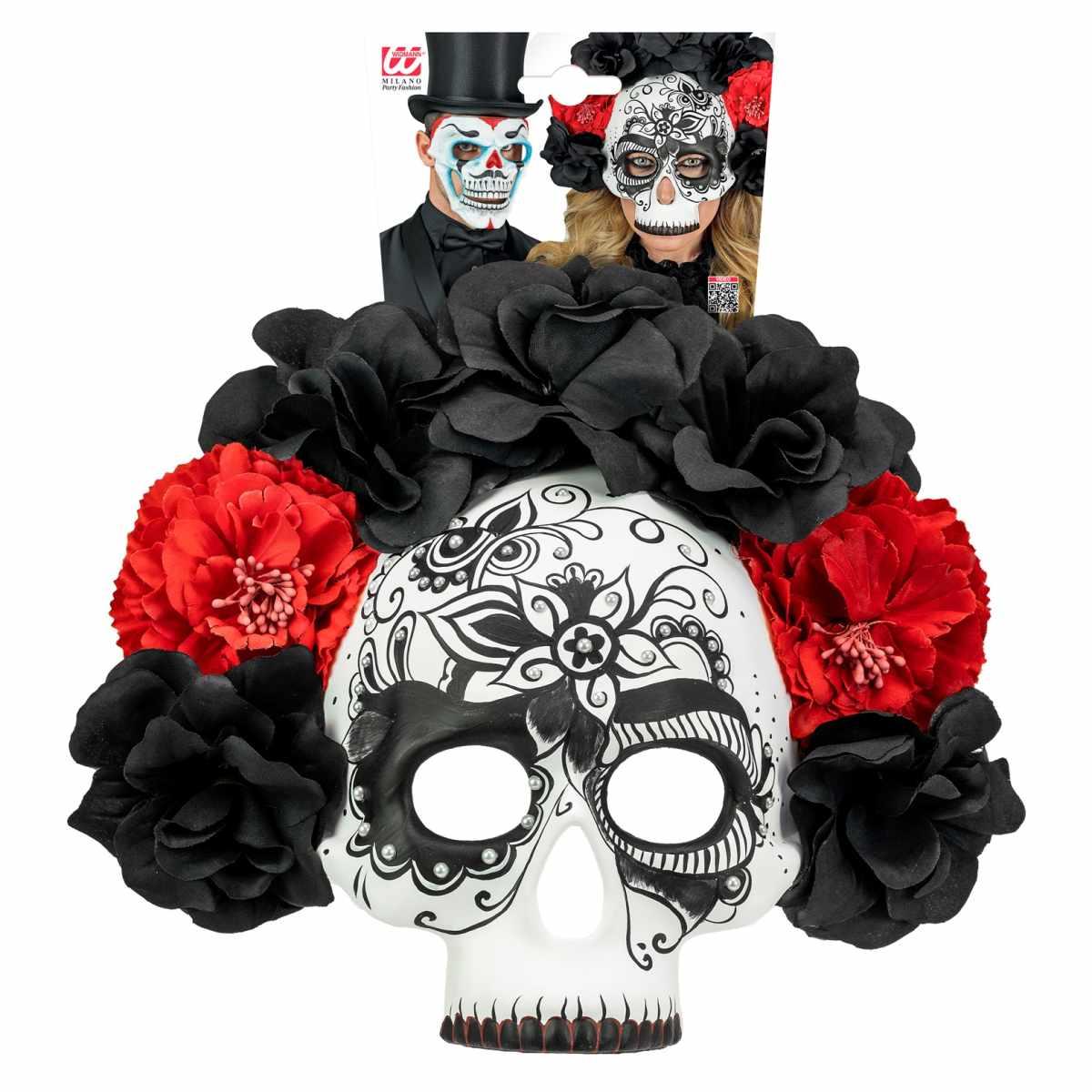Maschera Viso Pvc Horror Dia De Los Muertos Con Fiori Mezzo Viso |Widmann