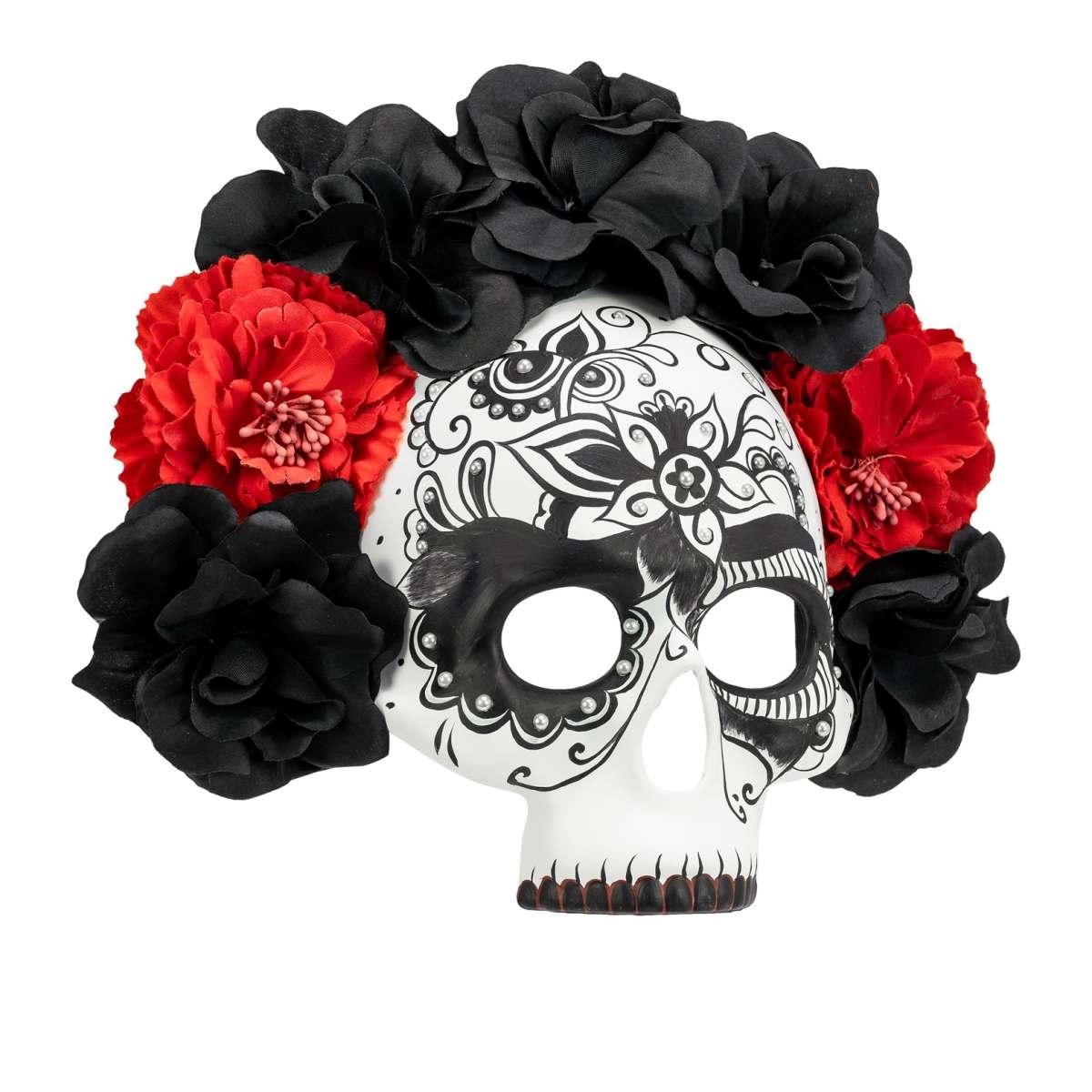 Maschera Viso Pvc Horror Dia De Los Muertos Con Fiori Mezzo Viso |Widmann