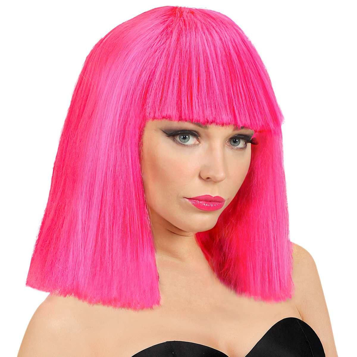 Parrucca Caschetto Rosa Fluo Liscia Con Frangia Show Girl |Widmann