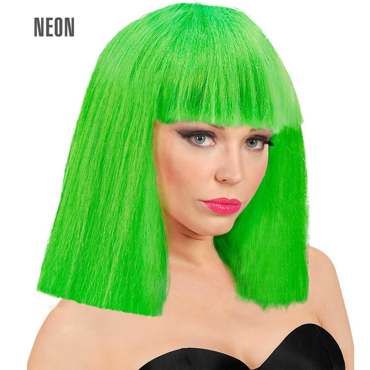 Parrucca Caschetto Verde Fluo Liscia Con Frangia Show Girl |Widmann