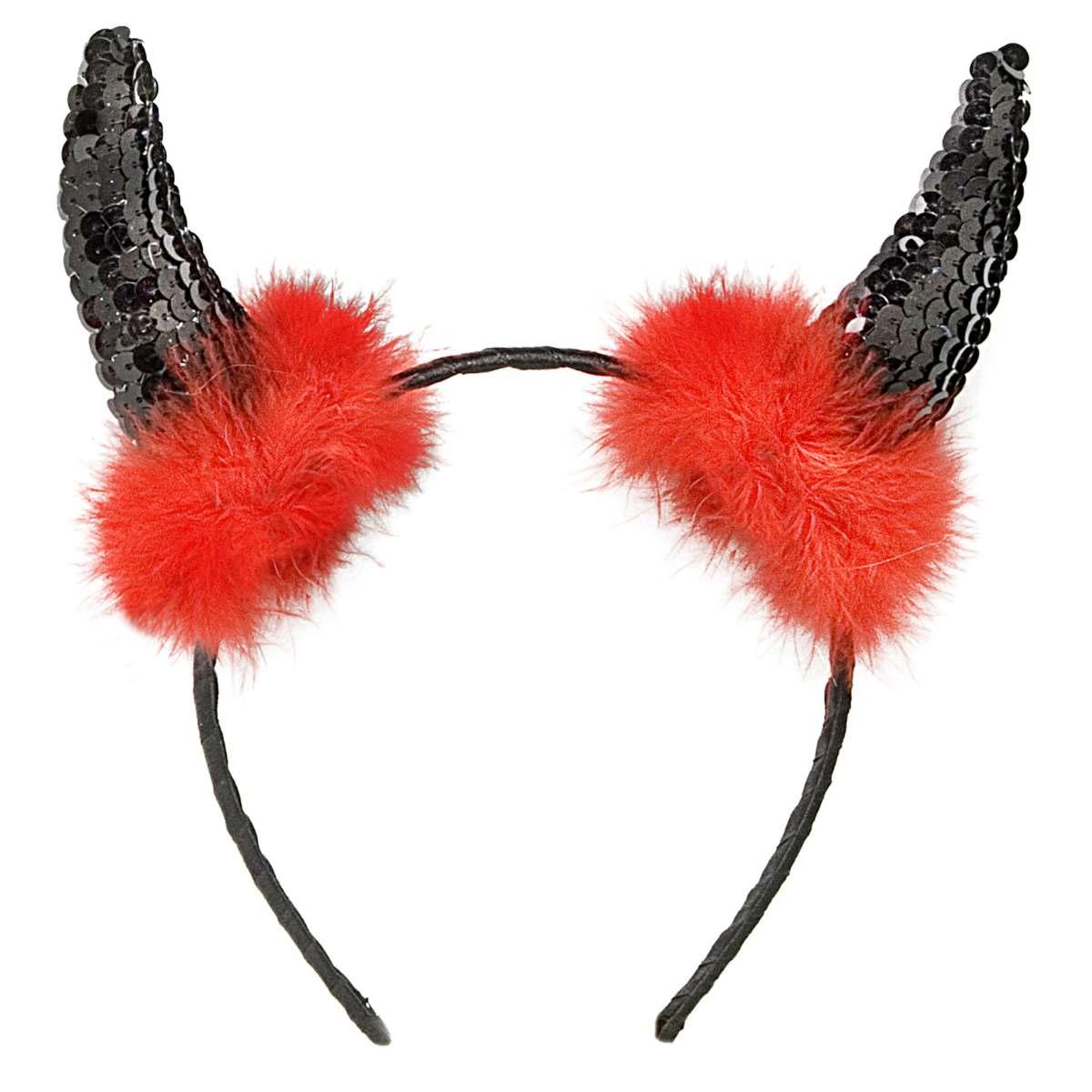 Cerchietto Con Corna Diavolo Paillettes Nere Marabou Rosso |Widmann