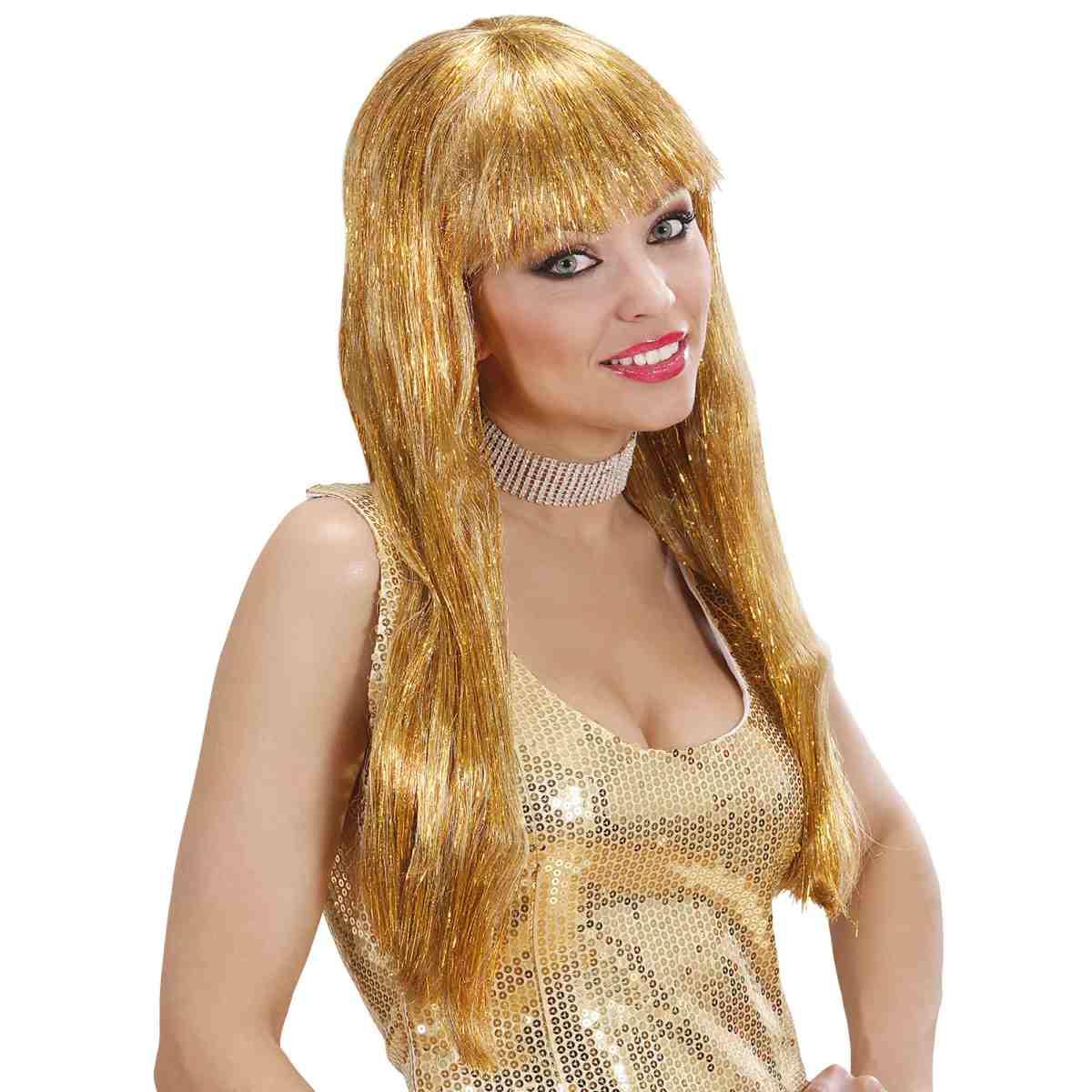 Parrucca Glitzy Oro Laminiata Liscia Con Frangia |Widmann