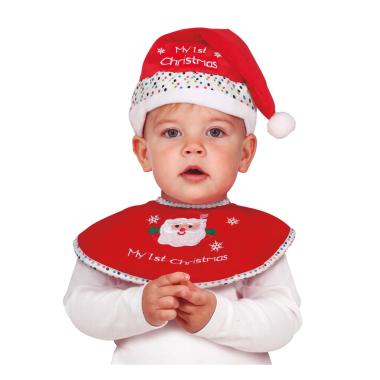 Bavaglino Set Con Cappello Natalizio In Tessuto Rosso Con Babbo |Guirca