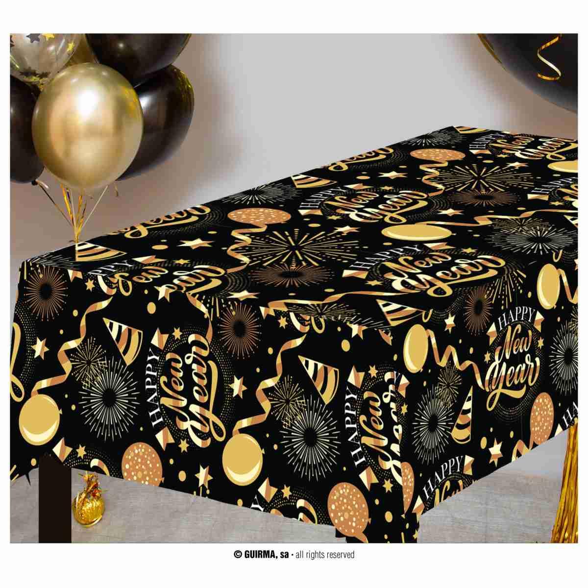 Tovaglia Capodanno Nera Con Decori Oro cm.274x137 |Guirca