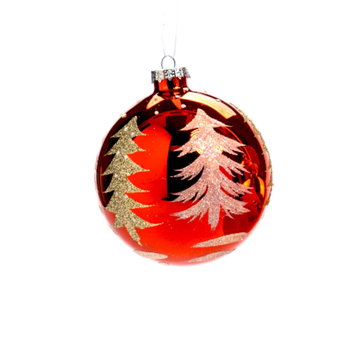 Pallina Natale Vetro cm.Ø10 Rosso con Albero Oro |Silani_805