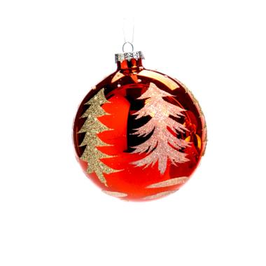 Pallina Natale Vetro cm.Ø10 Rosso con Albero Oro |Silani_805