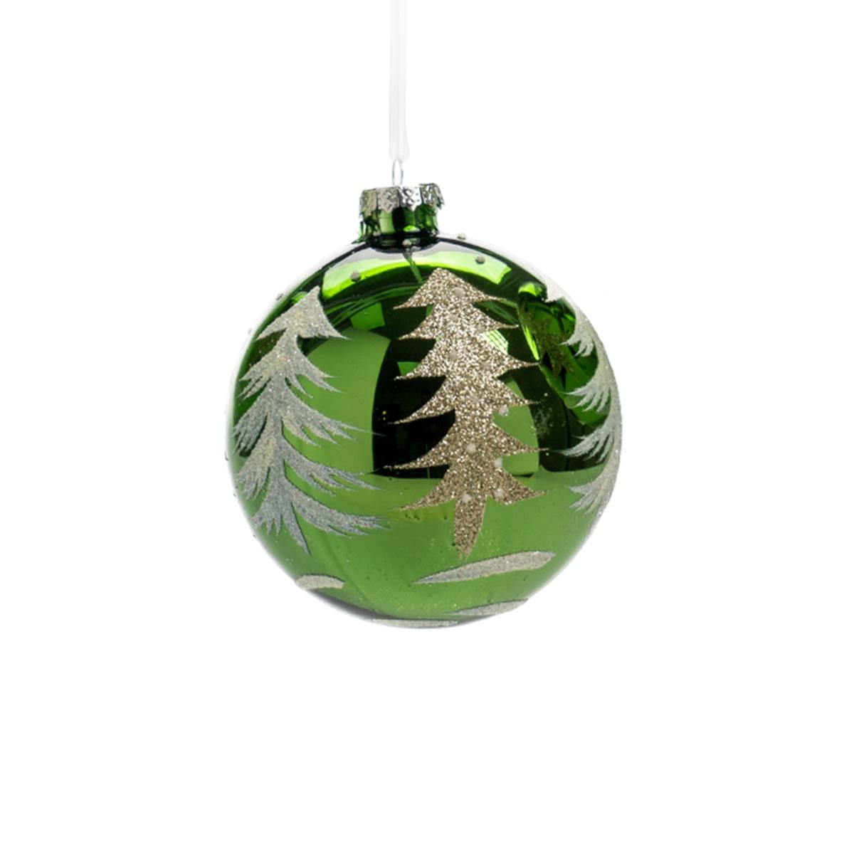 Pallina Natale Vetro cm.Ø12 Verde con Albero Oro |Silani_867