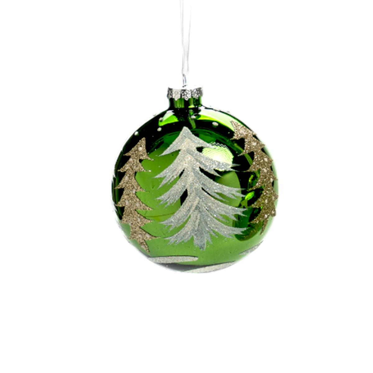Pallina Natale Vetro cm.Ø10 Verde con Albero Oro |Silani_829