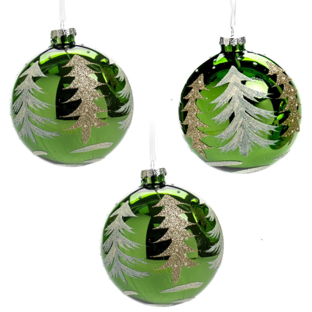 Pallina Natale Vetro cm.Ø10 Verde con Albero Oro |Silani_829