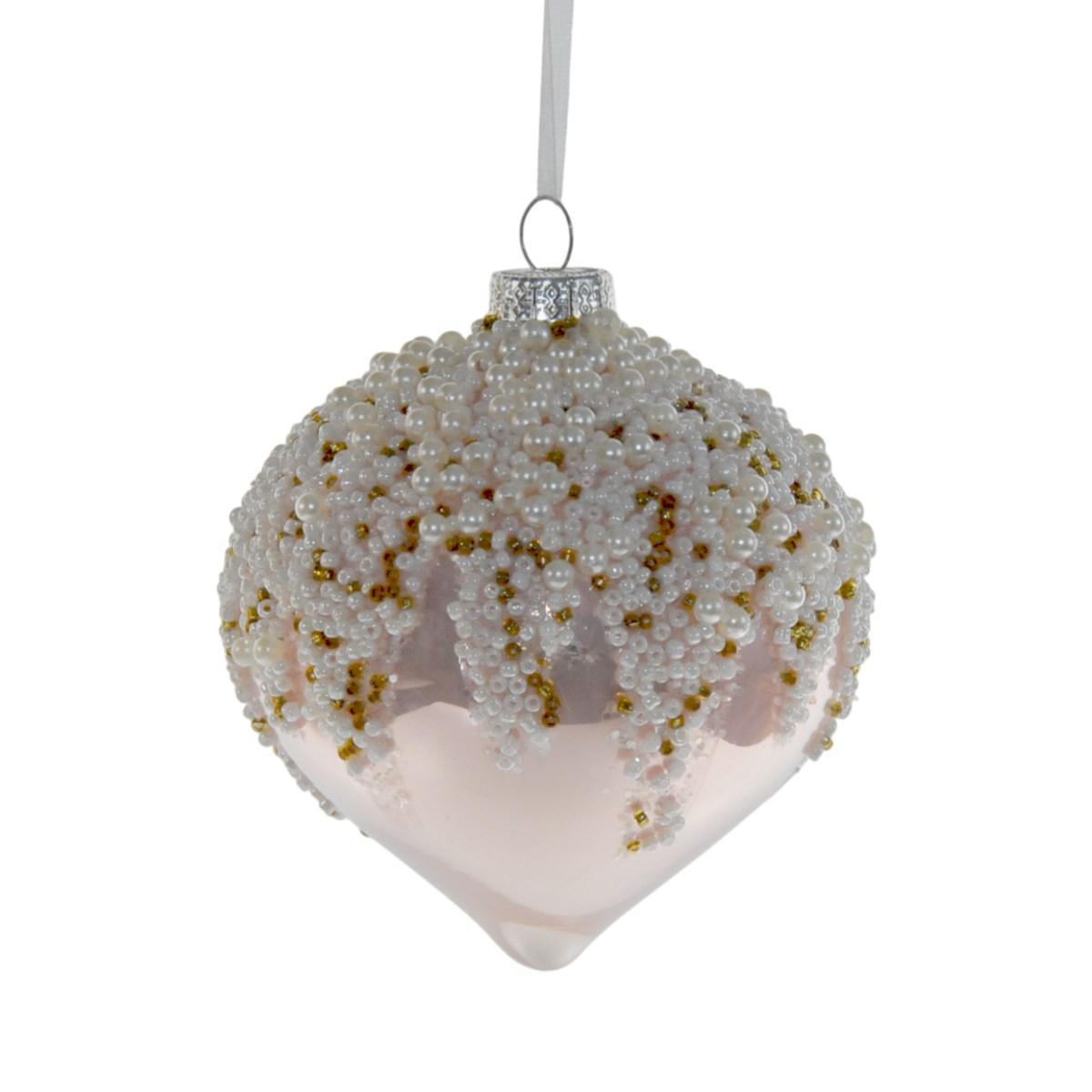 Pallina Natale Vetro cm.Ø8 Rosa Perlato con Perline |Silani_416A