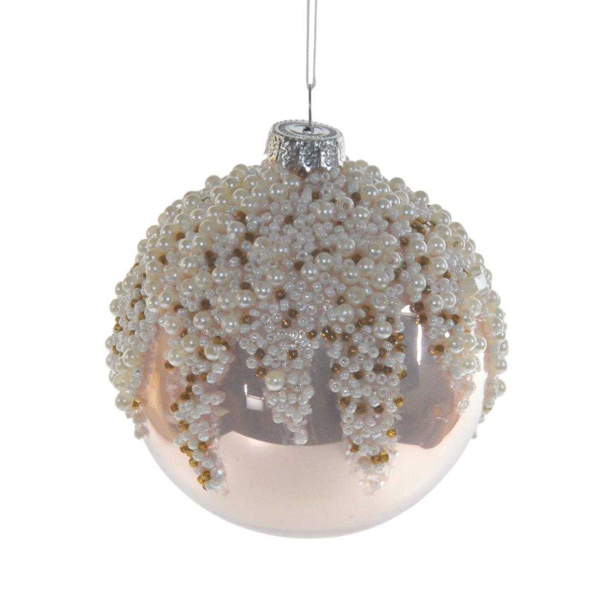 Pallina Natale Vetro cm.Ø8 Rosa Perlato con Perline |Silani_416B