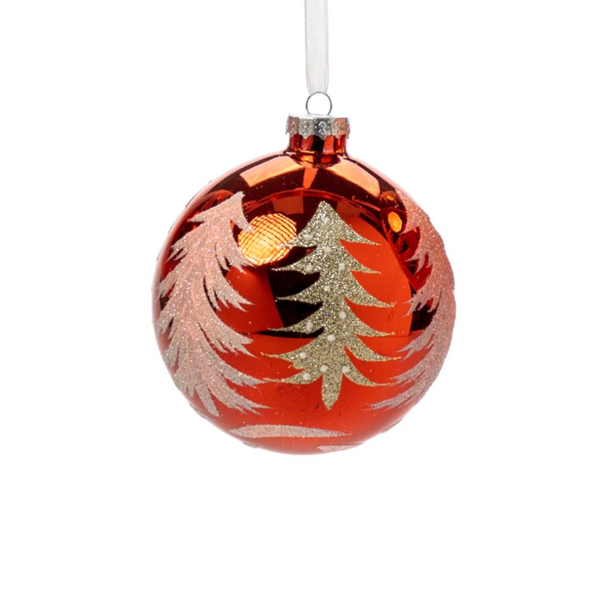 Pallina Natale Vetro cm.Ø12 Rosso con Albero Oro |Silani_843