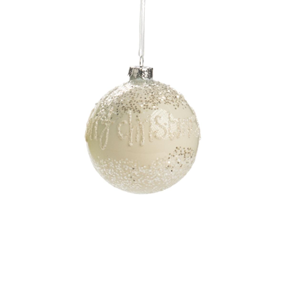 Pallina Natale Vetro cm.Ø7 Bianca con Scritta Merry Christmas |Silani_935B