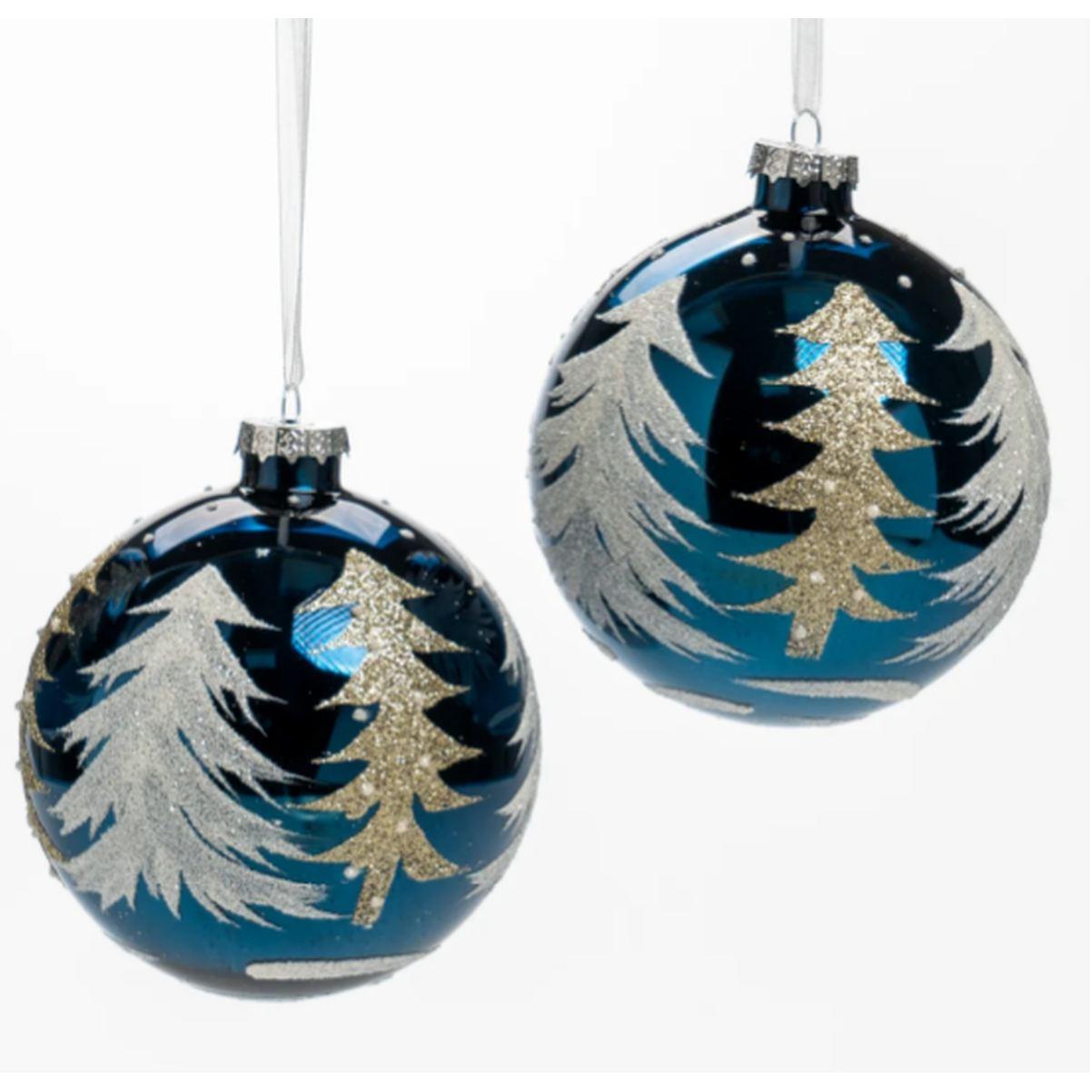 Pallina Natale Vetro cm.Ø12 Blu con Albero Oro |Silani_525