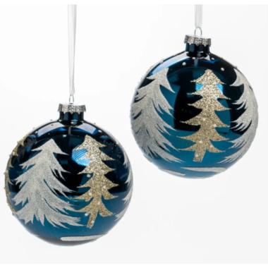 Pallina Natale Vetro cm.Ø12 Blu con Albero Oro |Silani_525