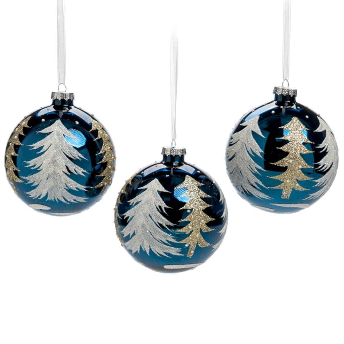 Pallina Natale Vetro cm.Ø10 Blu con Albero Oro |Silani_488