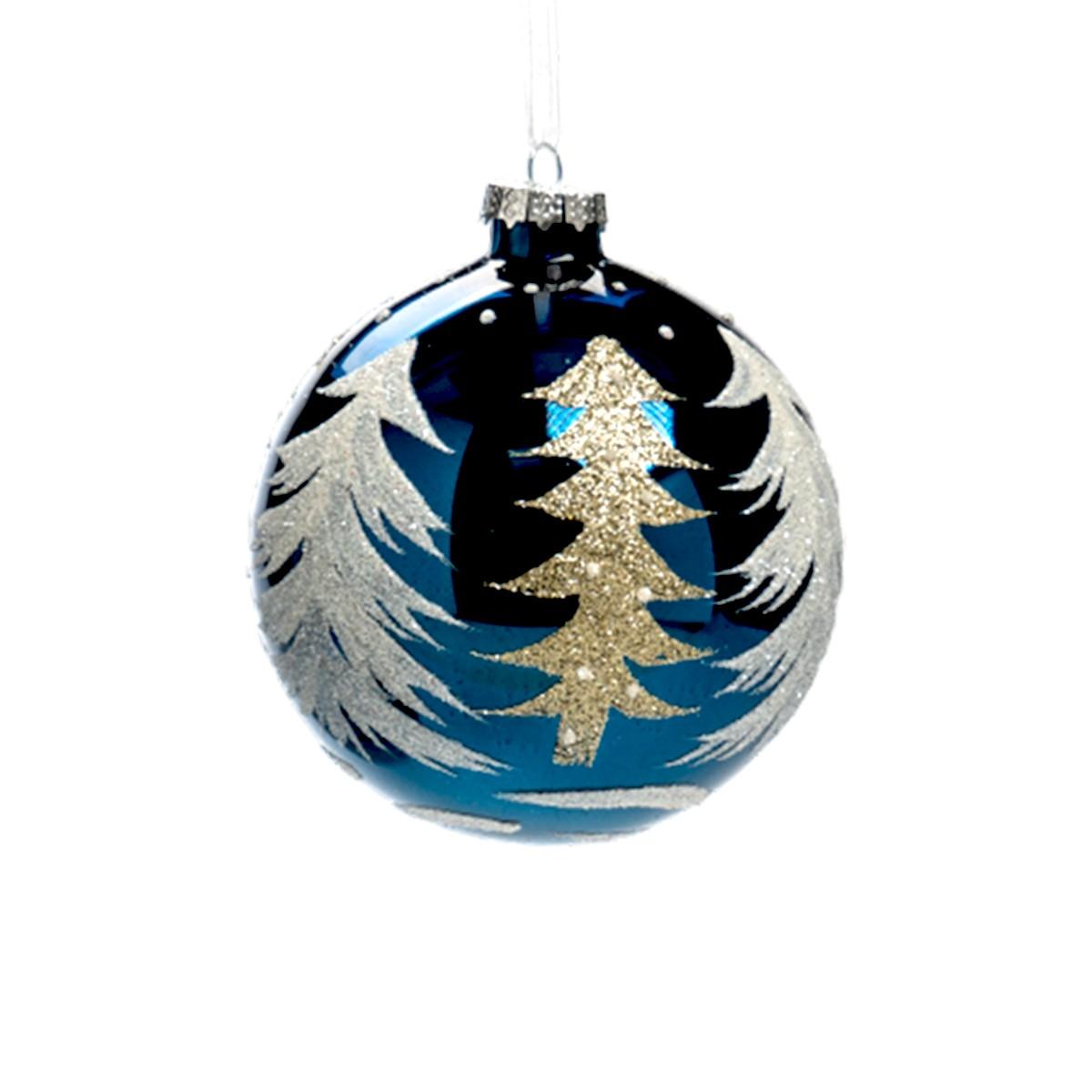 Pallina Natale Vetro cm.Ø10 Blu con Albero Oro |Silani_488