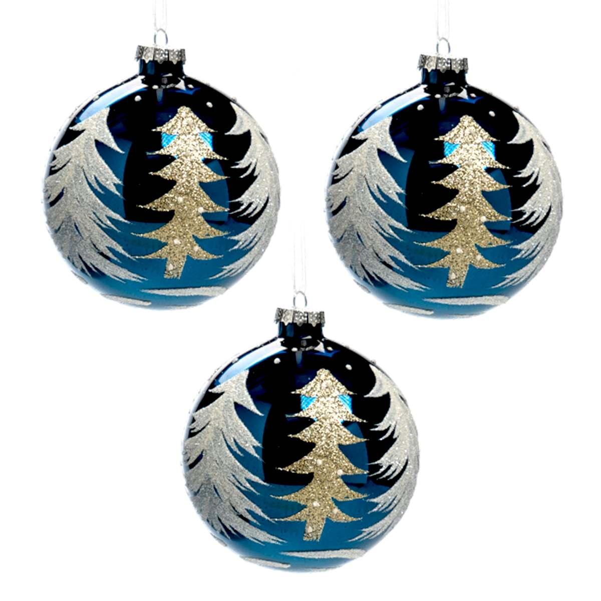 Pallina Natale Vetro cm.Ø10 Blu con Albero Oro |Silani_488