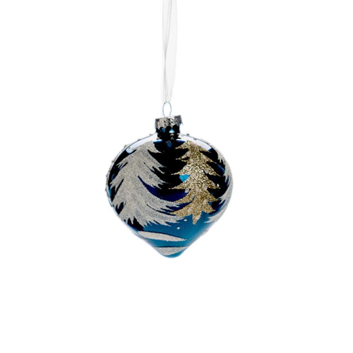 Pallina Natale Vetro cm.8 Blu con Albero Oro |Silani_440