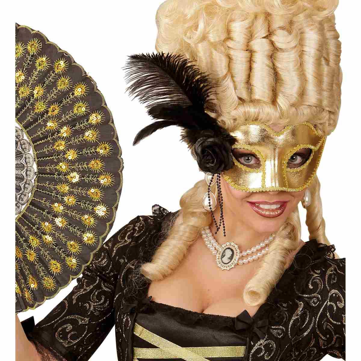 Maschera Viso Pvc Veneziana Oro Con Piuma E Rosa Nera |Widmann