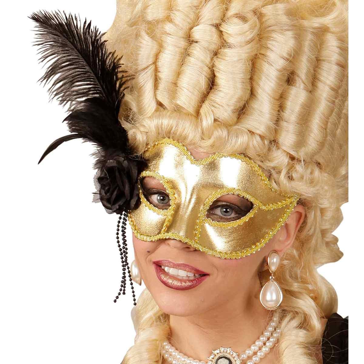 Maschera Viso Pvc Veneziana Oro Con Piuma E Rosa Nera |Widmann