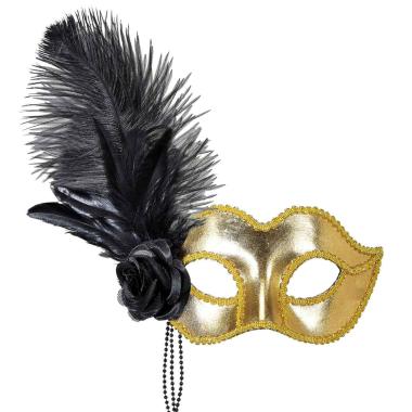 Maschera Viso Pvc Veneziana Oro Con Piuma E Rosa Nera |Widmann