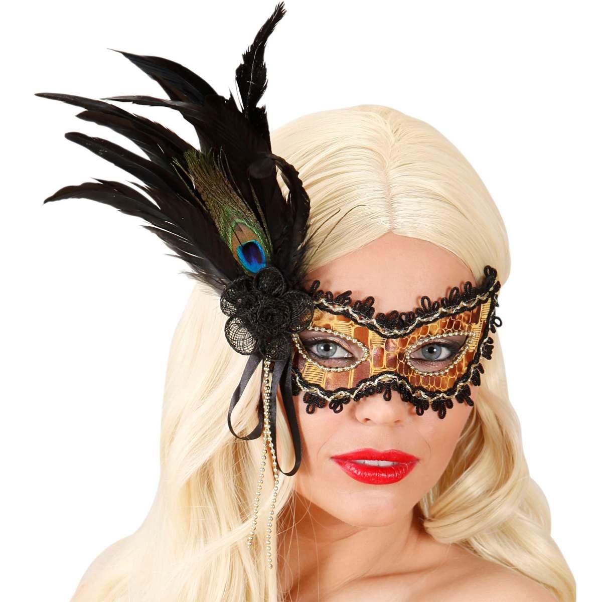 Maschera Viso Pvc Veneziana Oro Tartaruga Con Piuma E Rosa |Widmann