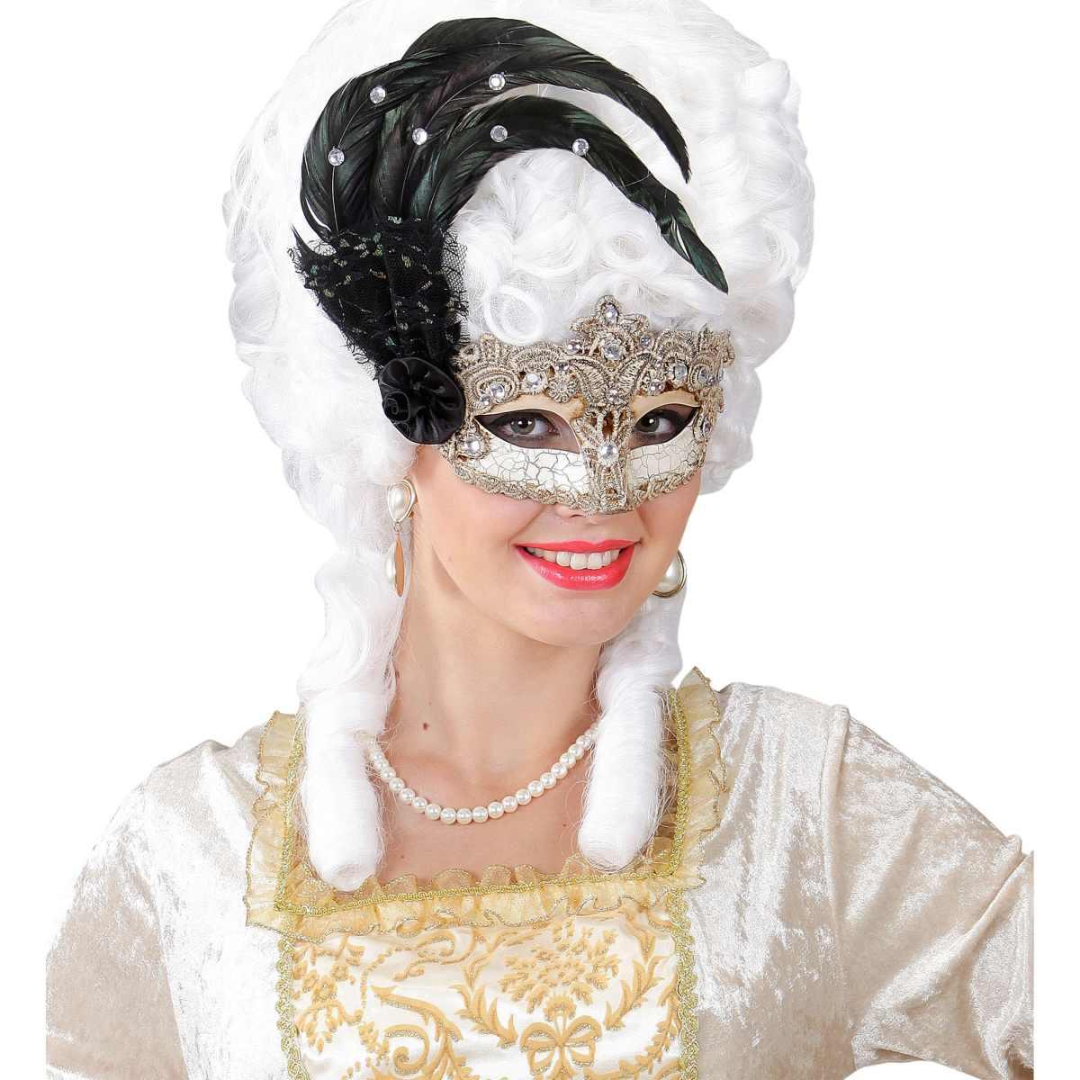 Maschera Viso Pvc Veneziana Oro Con Piuma Macrame |Widmann
