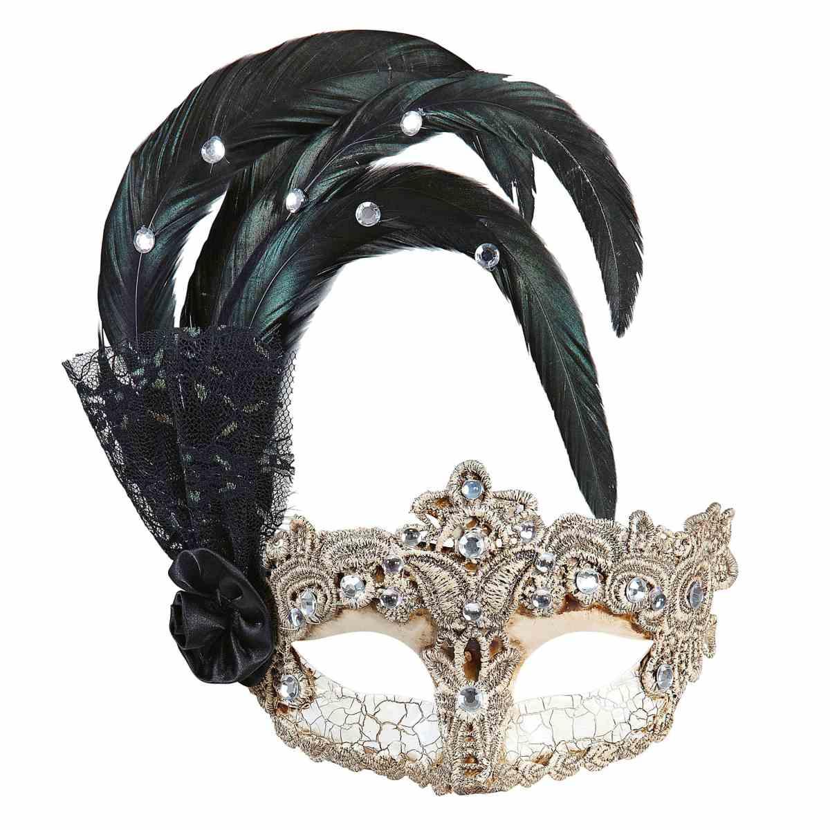 Maschera Viso Pvc Veneziana Oro Con Piuma Macrame |Widmann