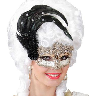 Maschera Viso Pvc Veneziana Oro Con Piuma Macrame |Widmann