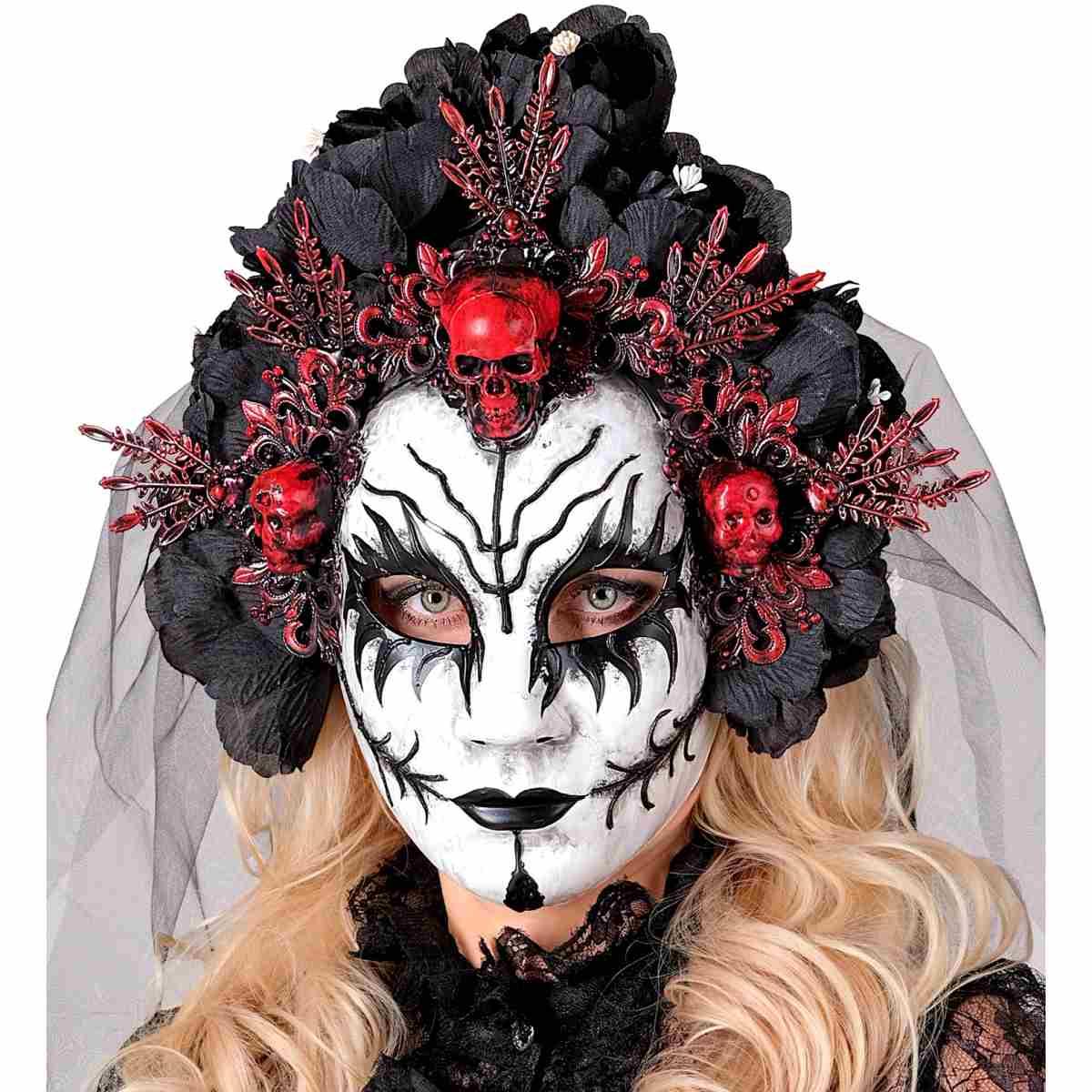 Maschera Viso Pvc Horror Dia De Los Muertos Con Fiori E Velo |Widmann