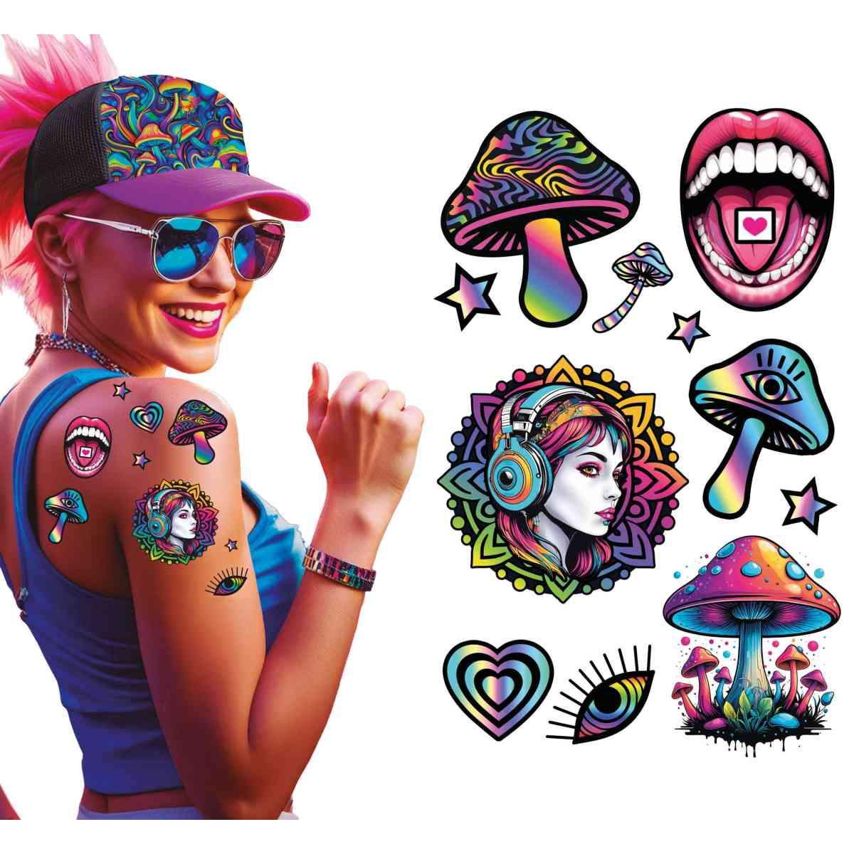 Tatuaggi Rimovibili Corpo Psicodelico Funghi Multicolor |Guirca