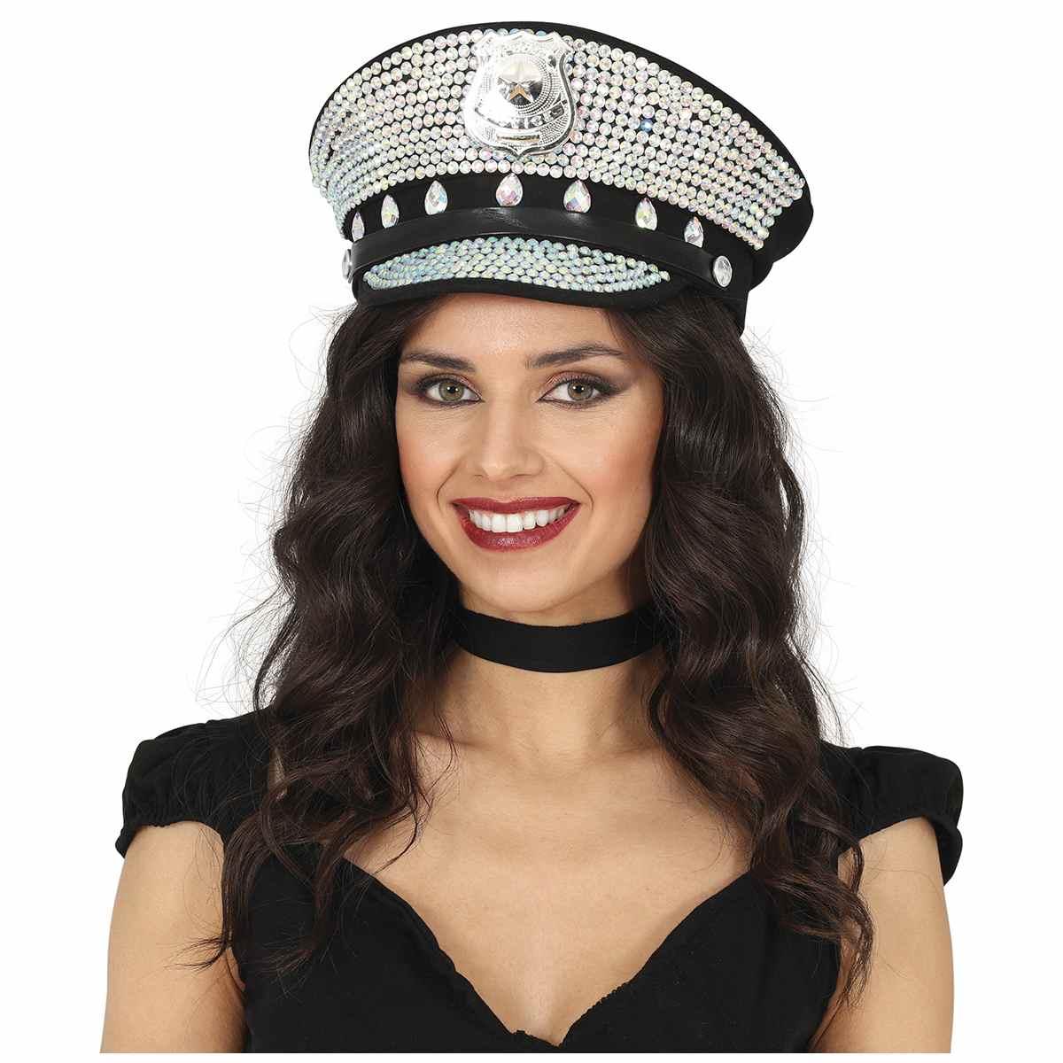 Cappello Polizia Nero Con Strass |Guirca