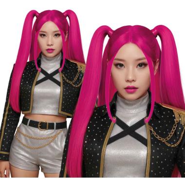 Parrucca Rosa Manga K Pop Lunga Liscia Con Codini |Guirca