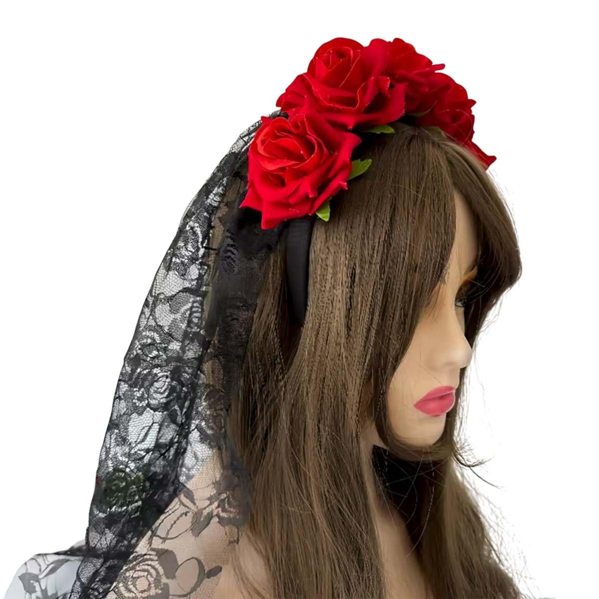 Cerchietto Con Veletto Nero E Rose Rosse |M2 Store