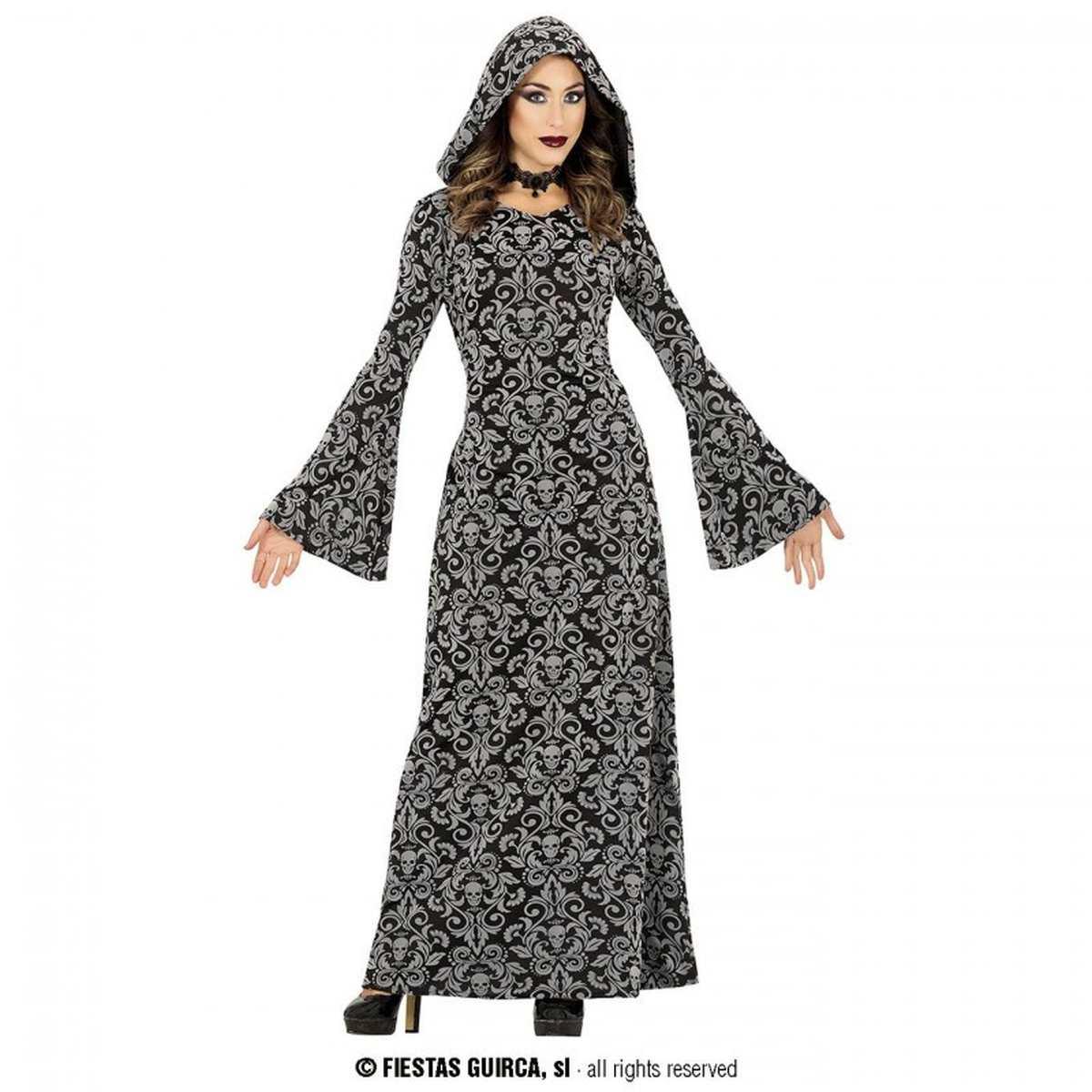 Costume strega tunica cappuccio grigio teschi donna